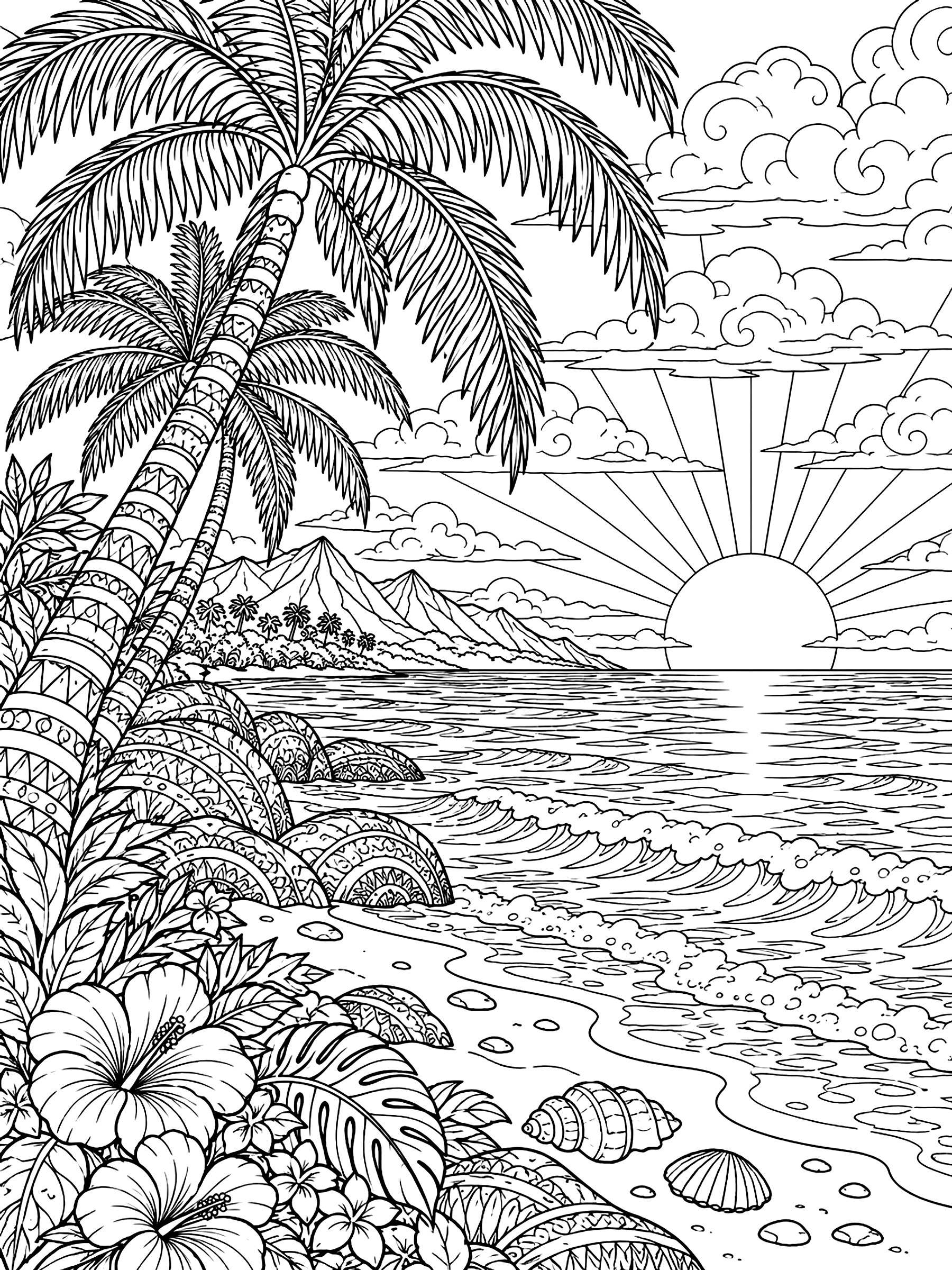 Detailed Sunset shoreline with palm trees coloring page