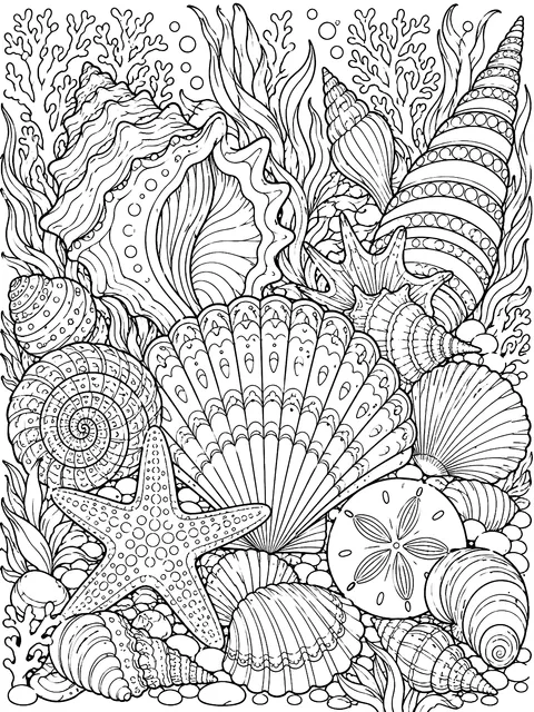 Detailed Detailed shell collection coloring page