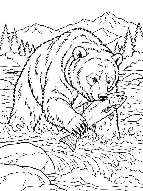 Grizzly bear catching a salmon coloring page
