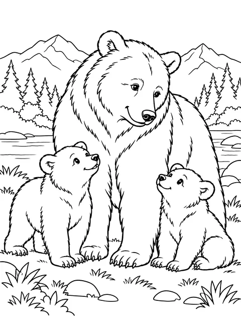 Mother bear with two cubs coloring page