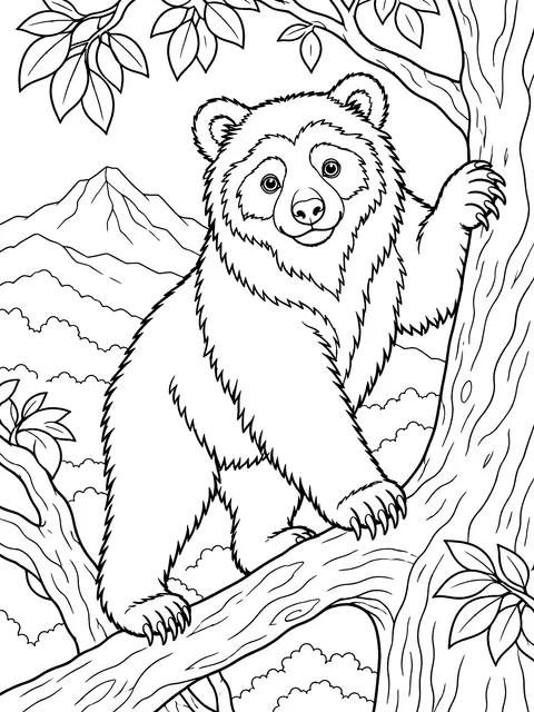 Spectacled bear in a tree coloring page