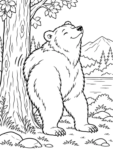 Bear scratching its back on a tree coloring page
