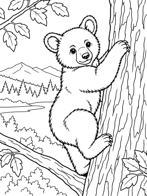 Black bear cub climbing a tree coloring page