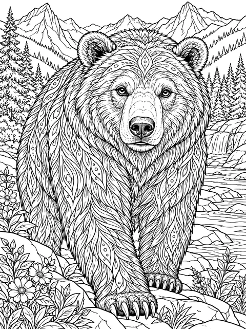 Detailed Realistic grizzly bear portrait coloring page
