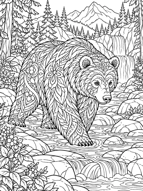 Detailed Bear crossing a forest stream coloring page