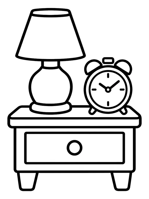 Easy Bedside table with a lamp and a clock coloring page