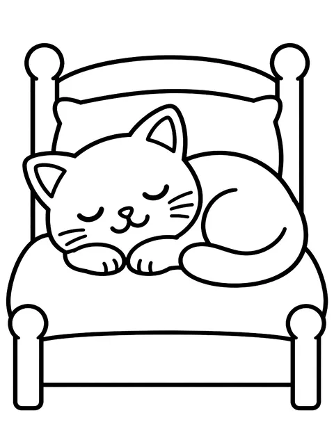 Easy Cat asleep on a bed coloring page