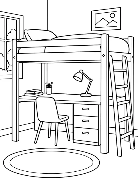 Loft bed with a desk underneath coloring page