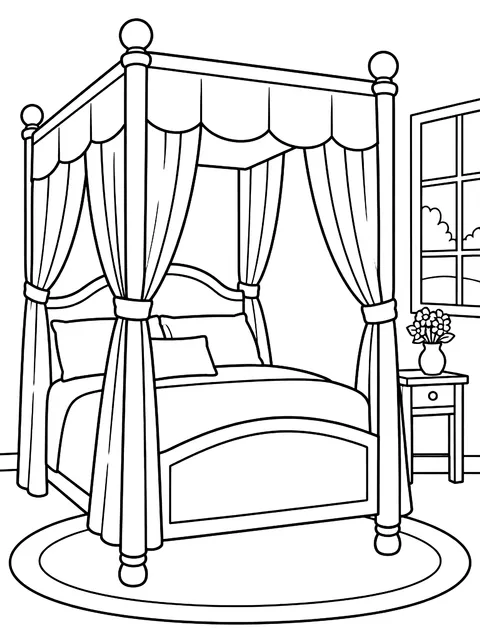 Canopy bed with curtains coloring page