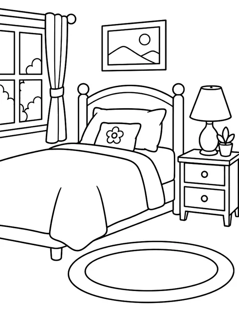 Cozy bedroom with a rug and a lamp coloring page