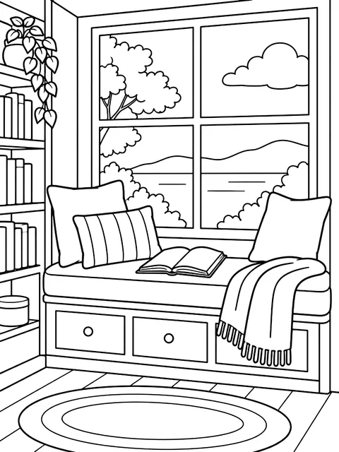 Window seat reading nook coloring page
