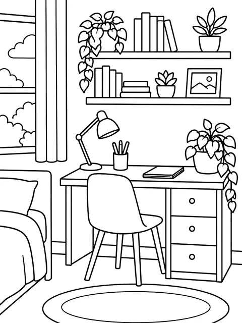 Bedroom desk with shelves and plants coloring page