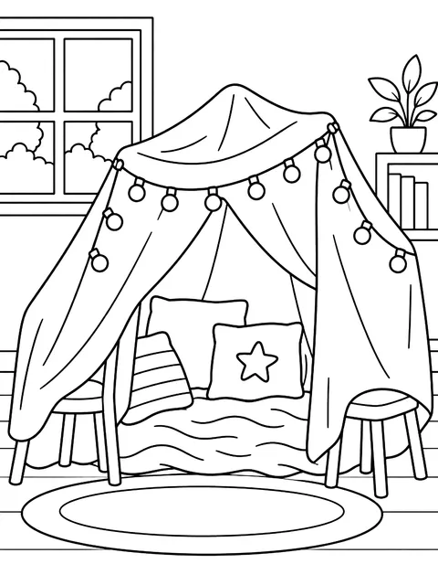Blanket fort with string lights coloring page
