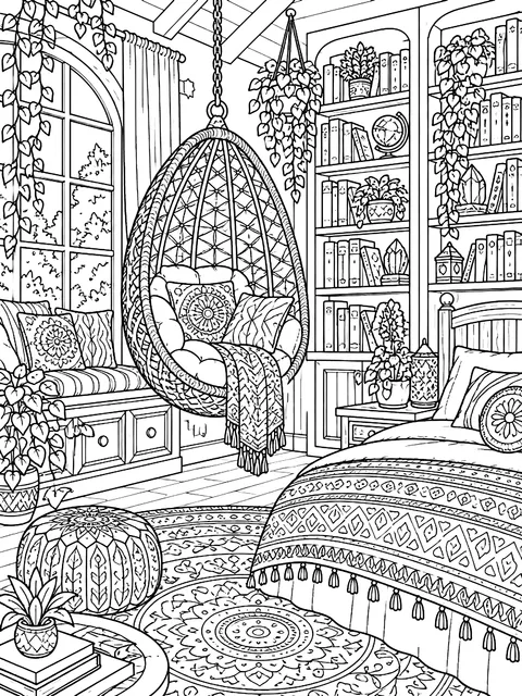 Detailed Dream bedroom with a hanging chair and bookshelves coloring page