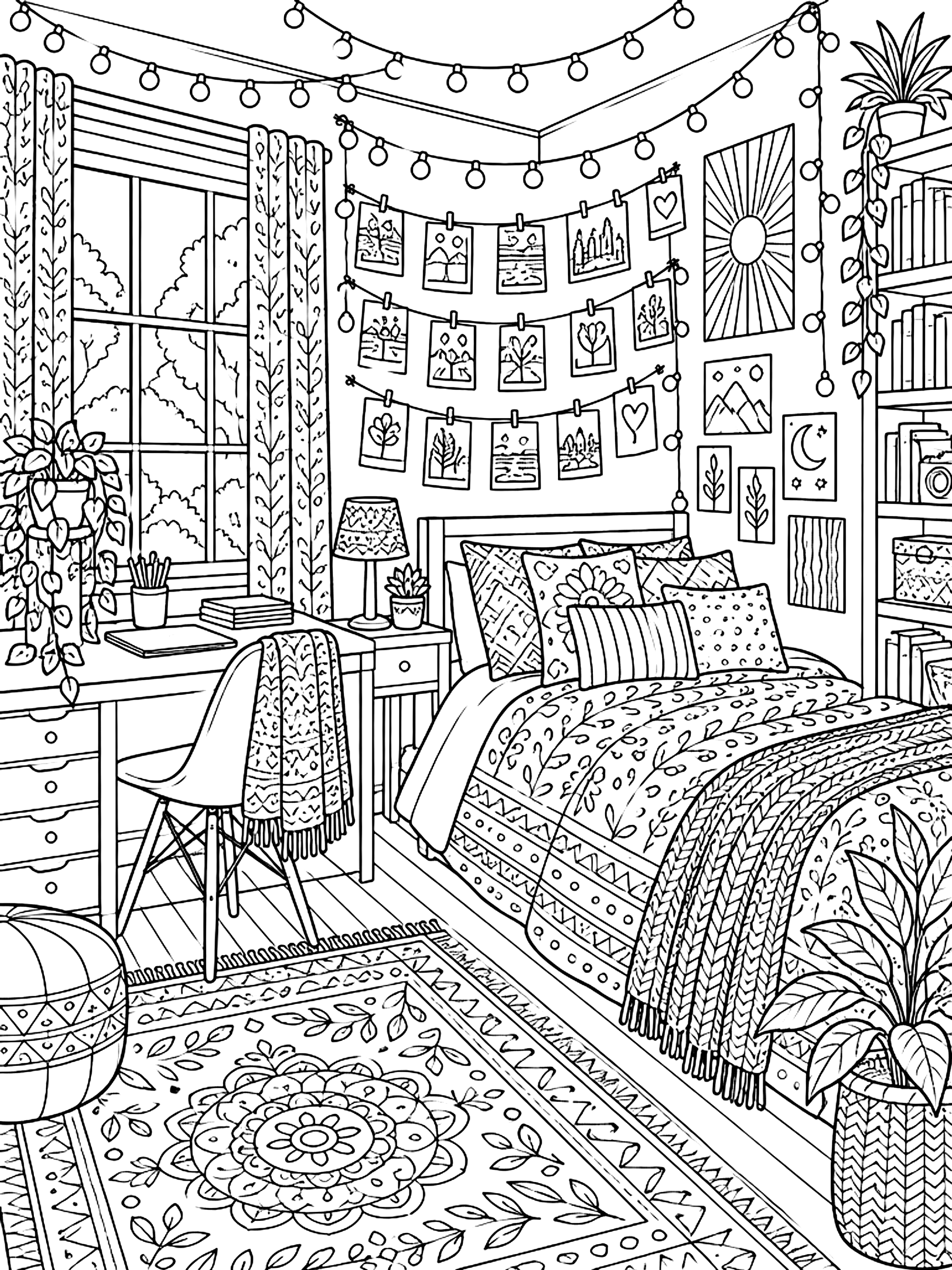 Detailed Teen bedroom with string lights and photos coloring page