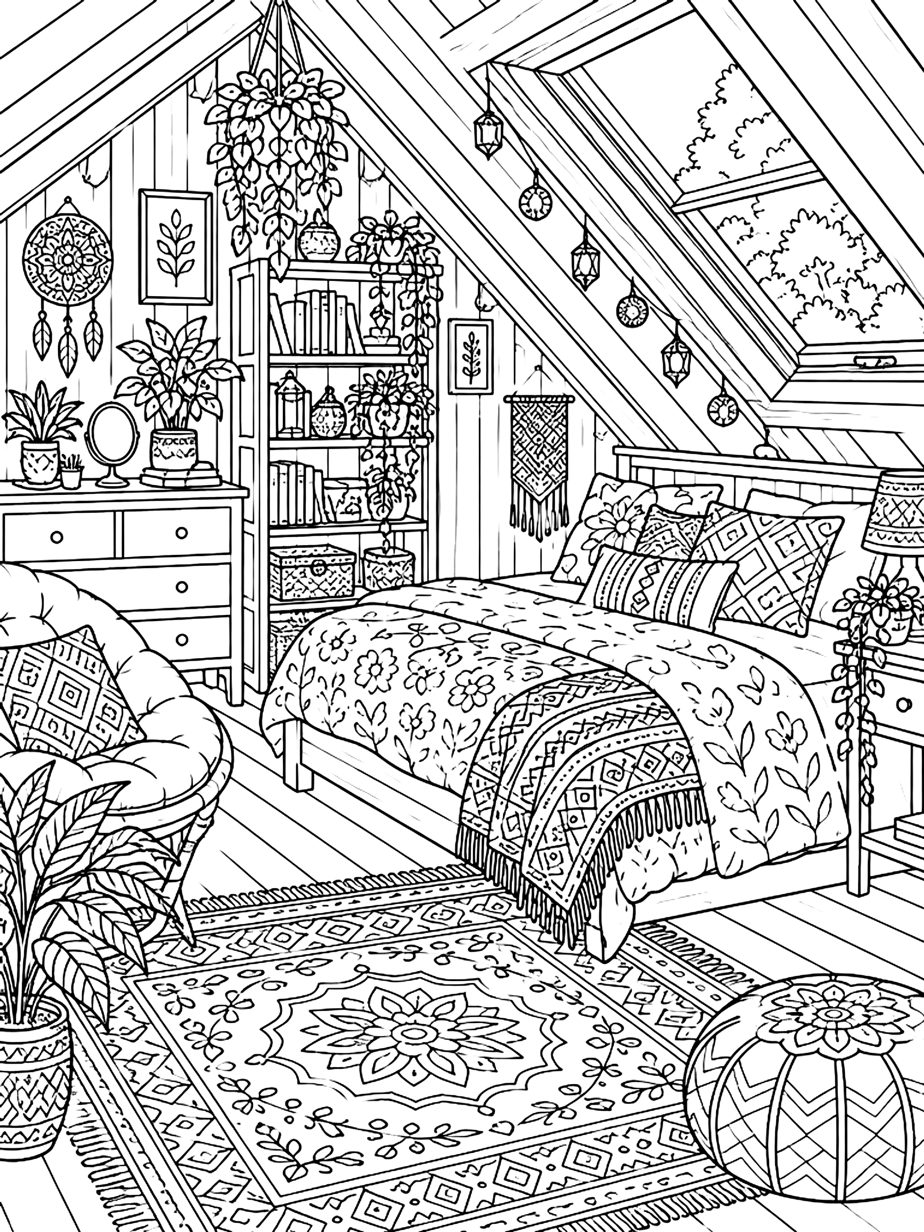 Detailed Attic bedroom with a slanted ceiling coloring page