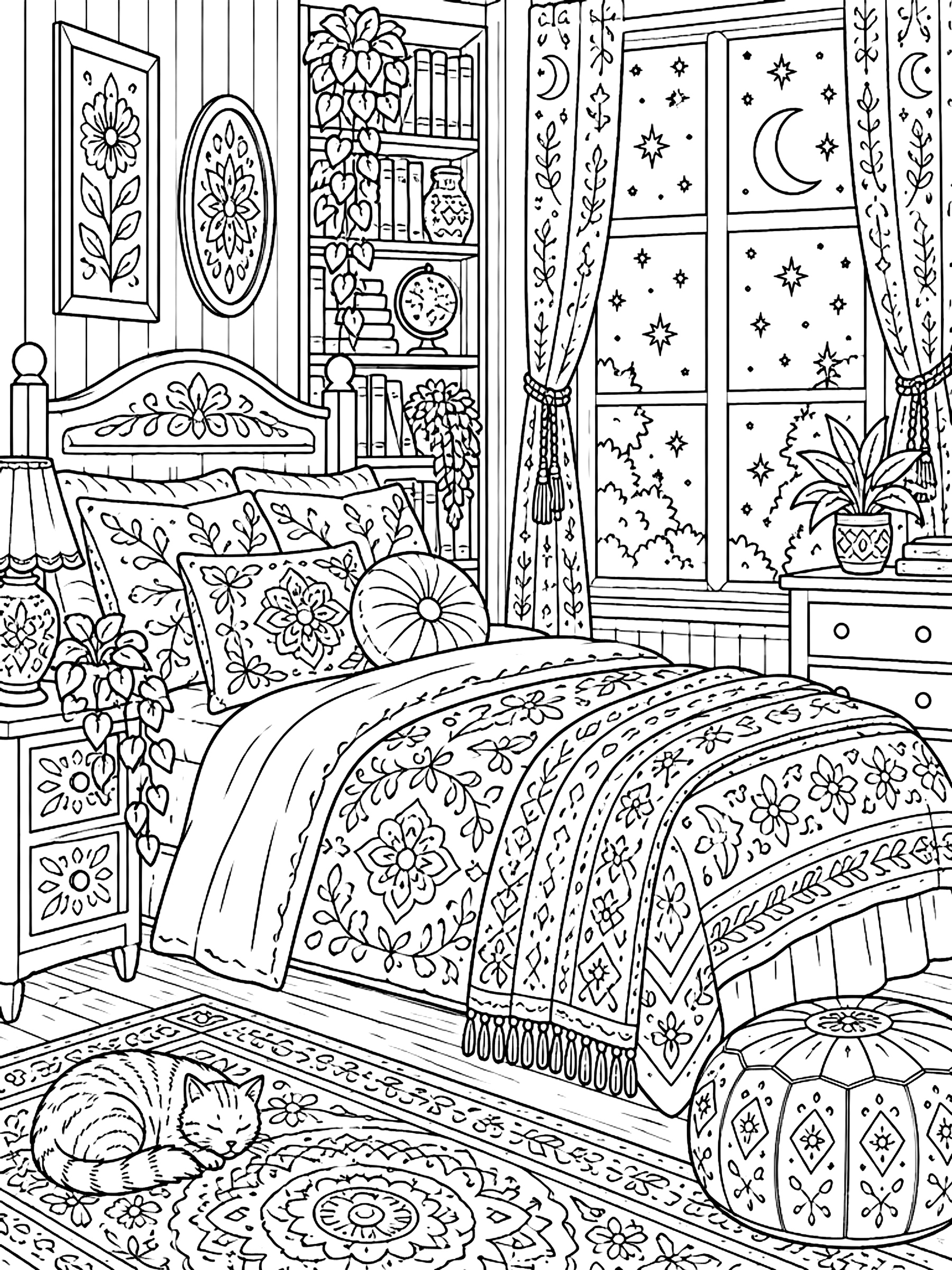 Detailed Bedroom at night with a starry window coloring page