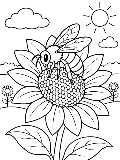 Honeybee on a sunflower coloring page