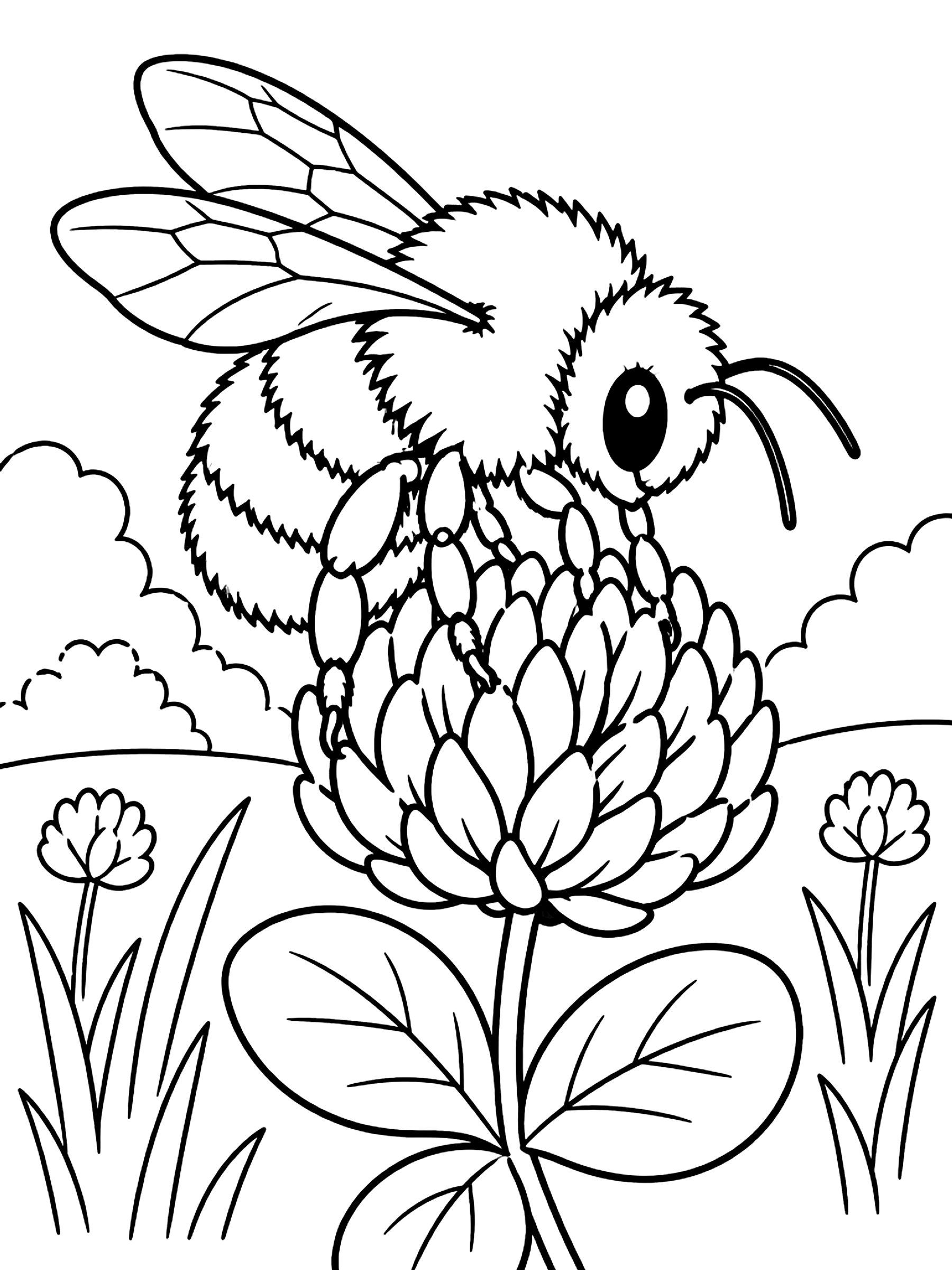 Fuzzy bumblebee on clover coloring page