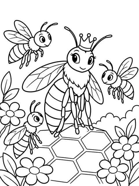 Queen bee with worker bees coloring page