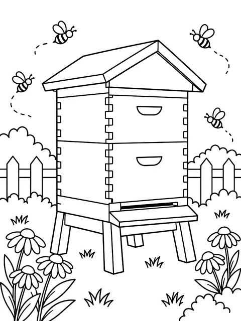 Wooden beehive in a garden coloring page