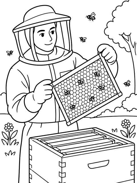 Beekeeper lifting a frame coloring page