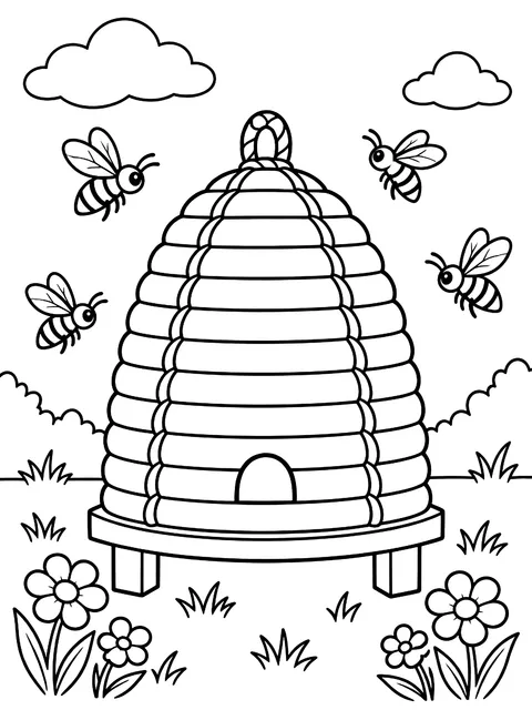 Straw skep hive with bees coloring page
