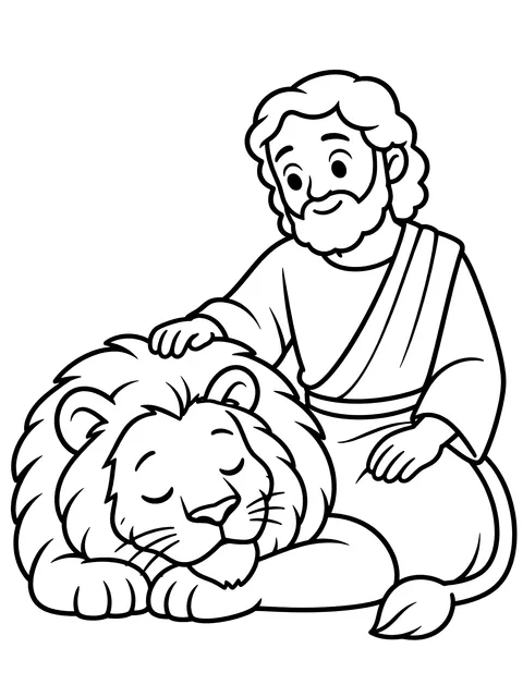 Easy Daniel beside a sleeping lion coloring page