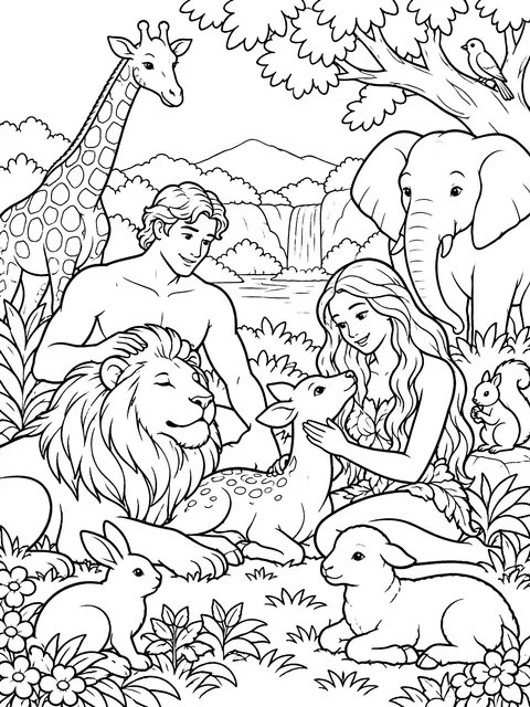 Adam and Eve among the animals coloring page