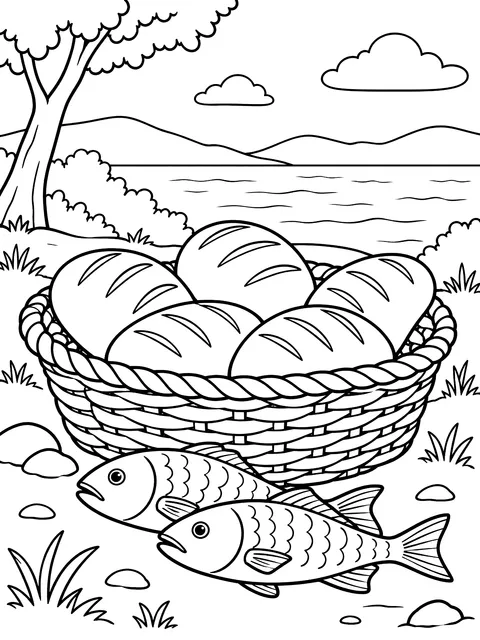 Five loaves and two fish coloring page