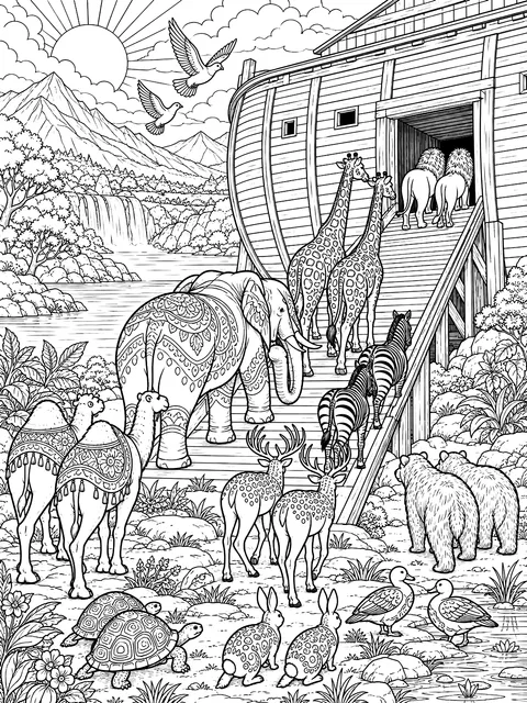 Detailed Animals boarding the ark two by two coloring page
