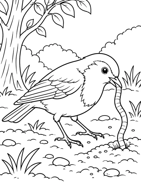 Robin pulling a worm coloring page