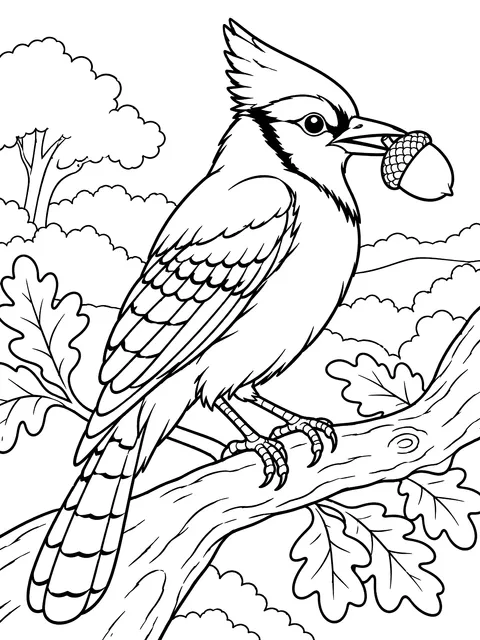 Blue jay with an acorn coloring page