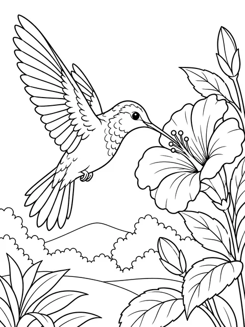 Hummingbird at a flower coloring page