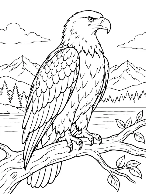 Bald eagle perched on a branch coloring page