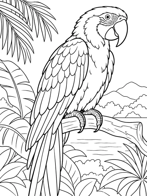 Macaw on a perch coloring page
