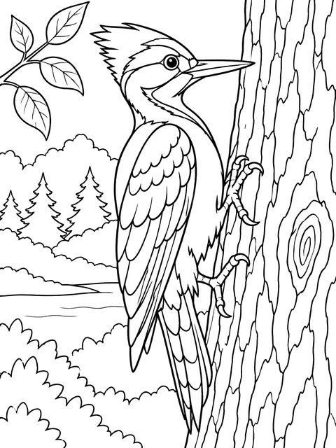 Woodpecker on a tree trunk coloring page