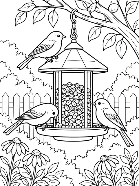 Birds at a feeder coloring page