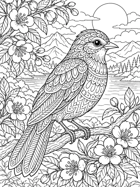 Detailed Bird with patterned feathers coloring page