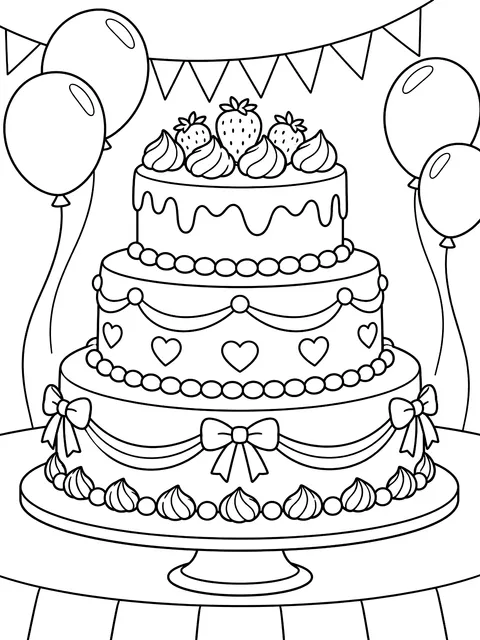 Three-tier cake with decorations coloring page
