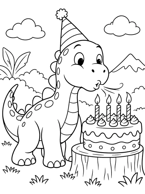 Dinosaur blowing out candles coloring page