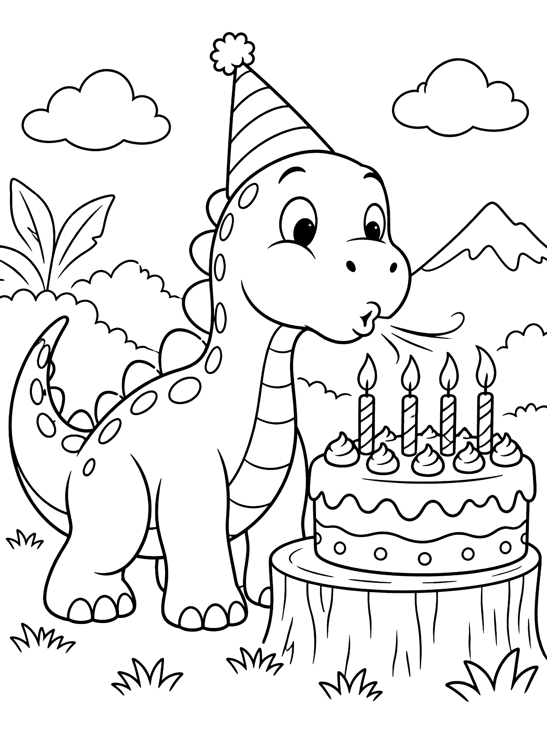 Dinosaur blowing out candles coloring page