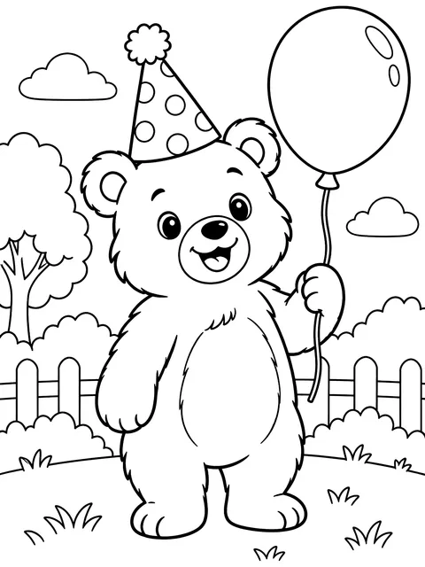 Bear in a party hat holding a balloon coloring page