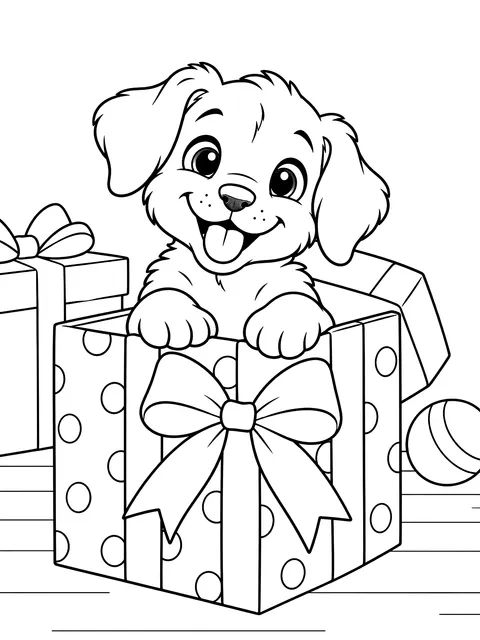 Puppy popping out of a present coloring page