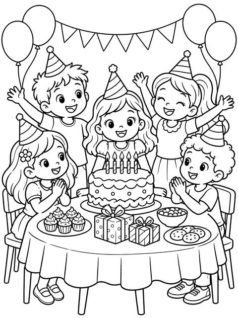 Kids around a party table coloring page