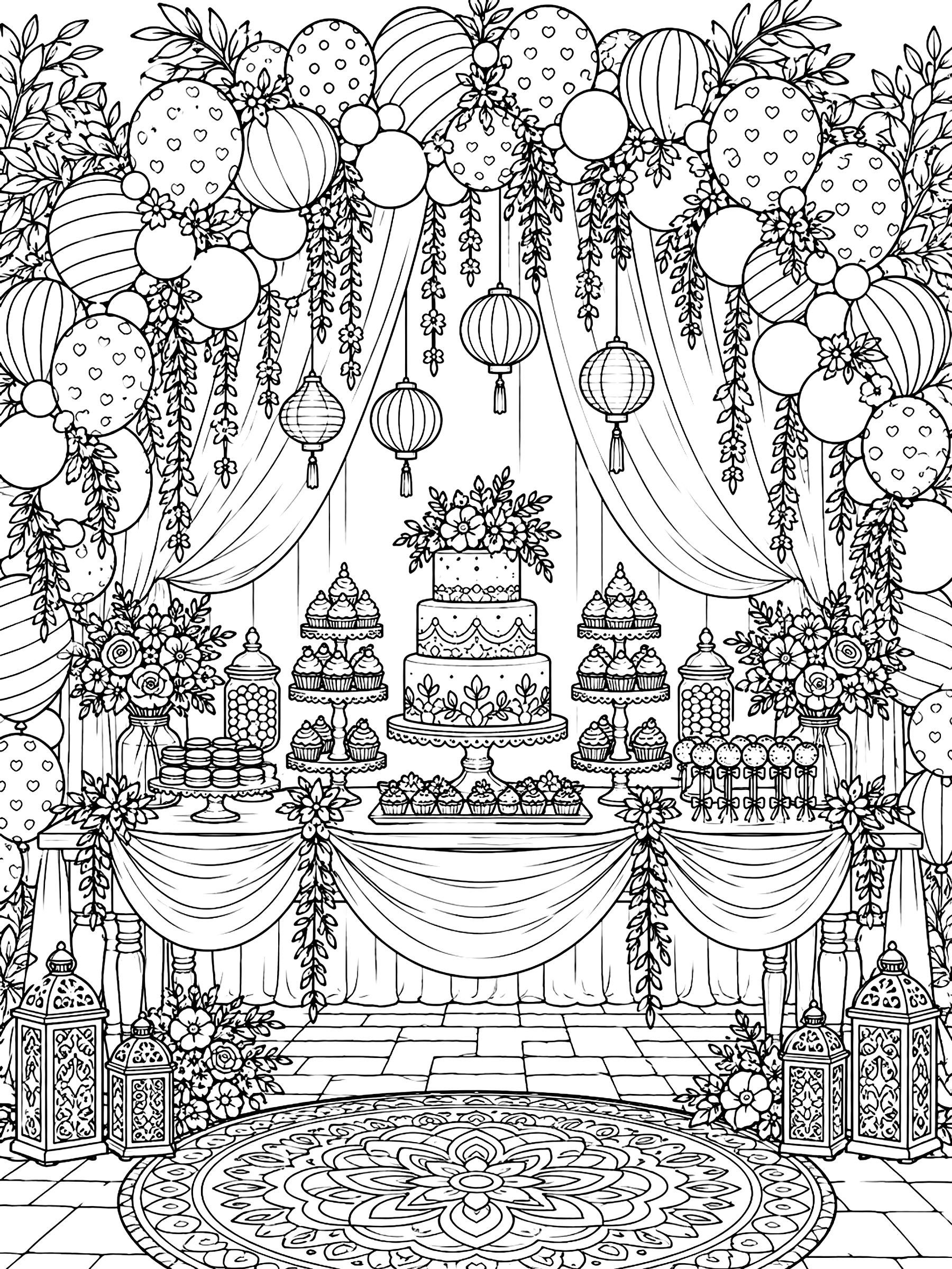 Detailed Balloon arch over a dessert table coloring page