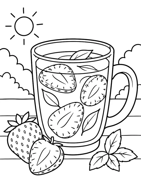 Strawberry fruit tea with slices coloring page