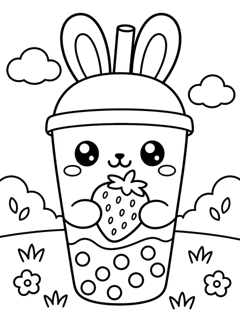 Bunny boba cup holding a strawberry coloring page