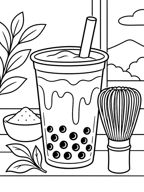 Matcha boba with a whisk coloring page