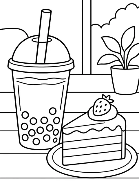 Boba cup beside a slice of cake coloring page